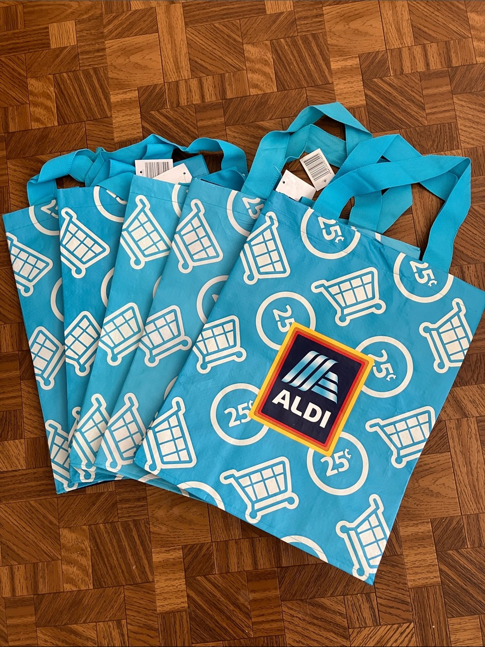 (5) ALDI sky blue white 25 cents circle shopping cart 🛒 design 2026
